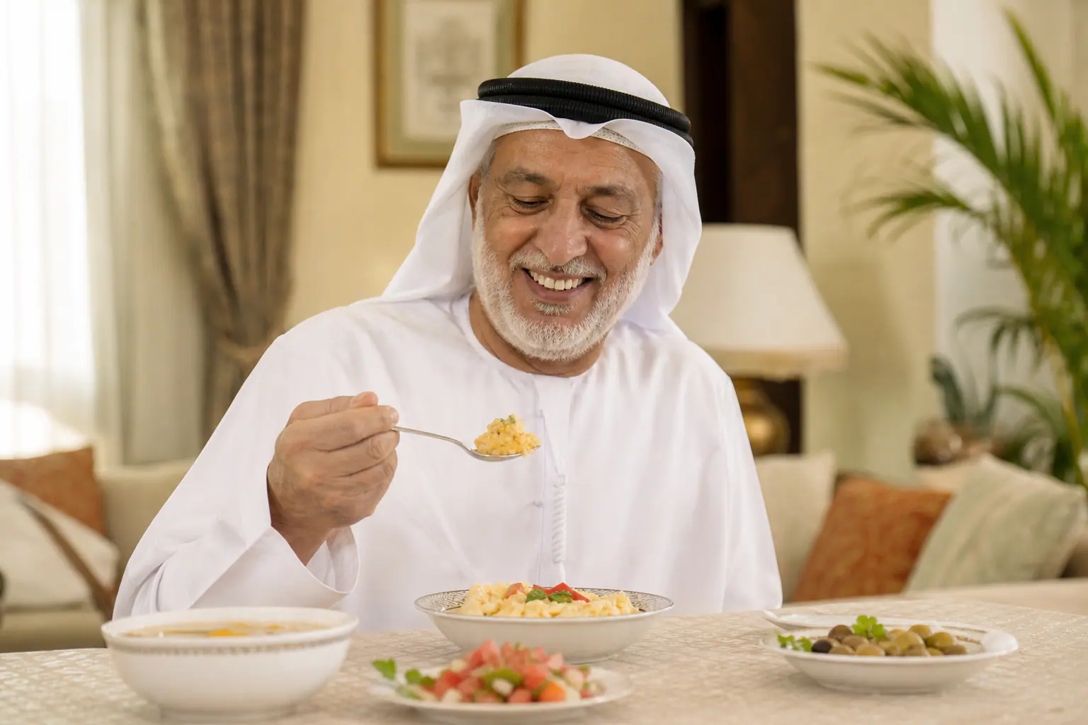 تحسين المضغ بعد زراعة كامل الفك — مريض يتناول طعامًا براحة