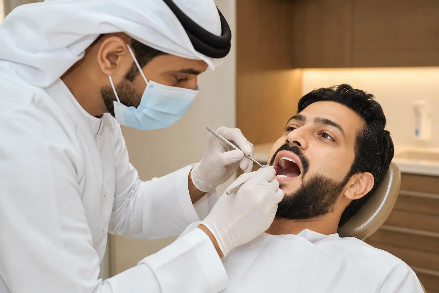 فحص الأسنان الدوري — طبيب أسنان يفحص مريضًا في عيادة أبوظبي