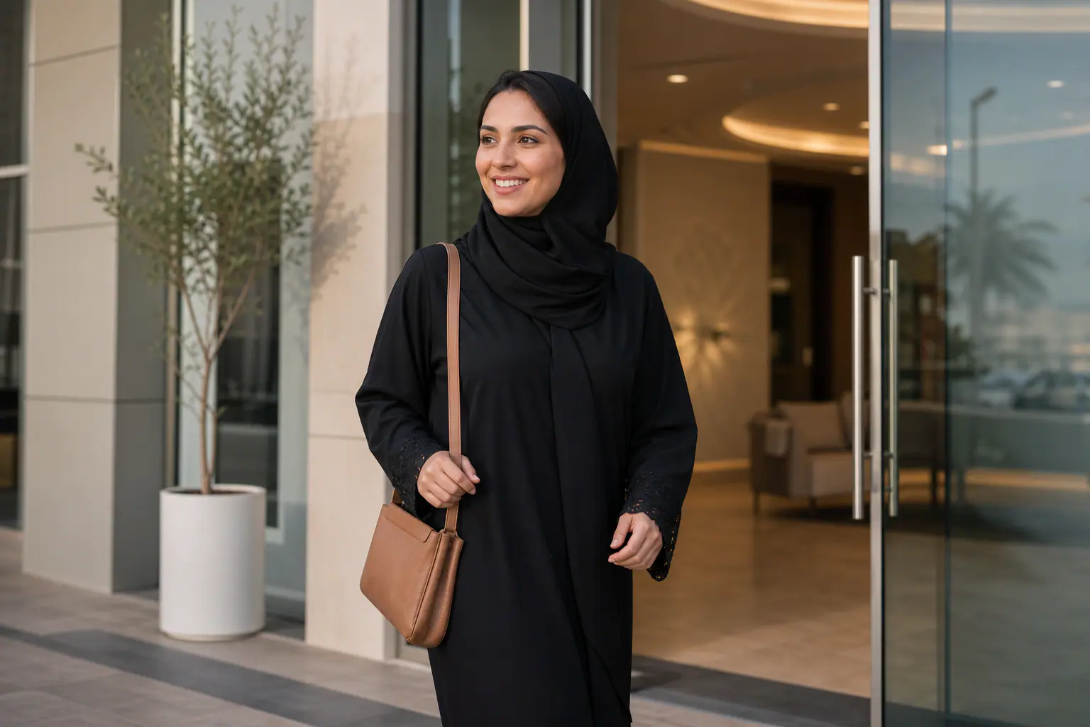 مريضة إماراتية سعيدة بعد زيارة طبيب الأسنان في الشامخة