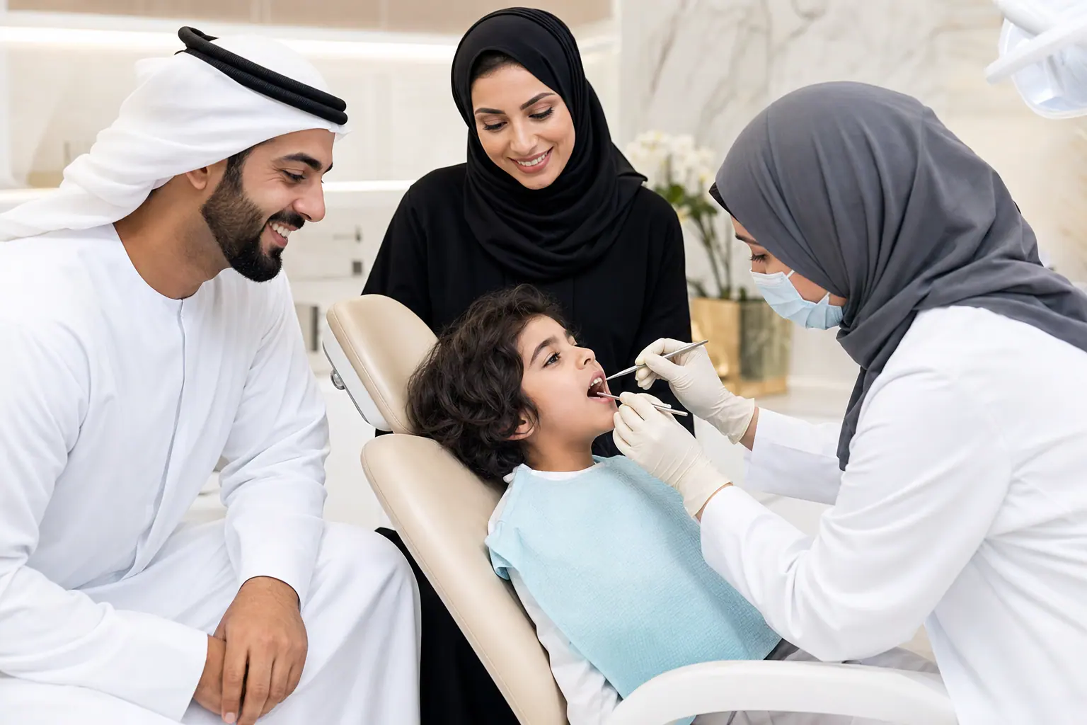 طب الأسنان العام — عائلة إماراتية في فحص أسنان بمركز الأهلي الشامخة أبوظبي