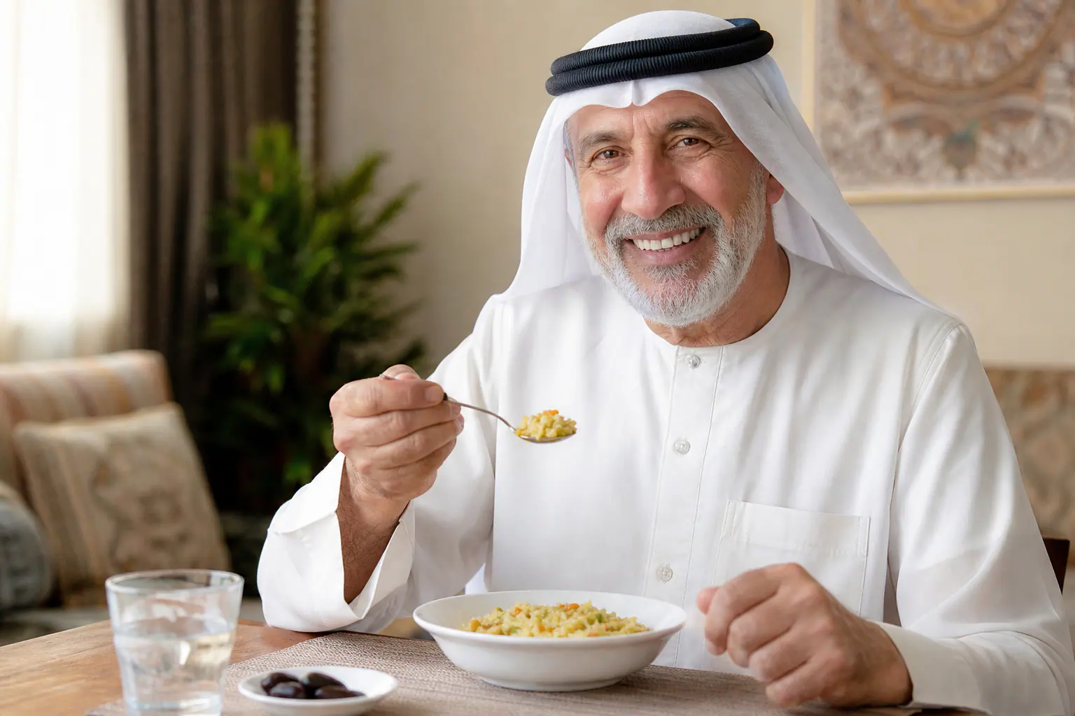 Improved chewing after dental implants — An elderly patient eats comfortably
