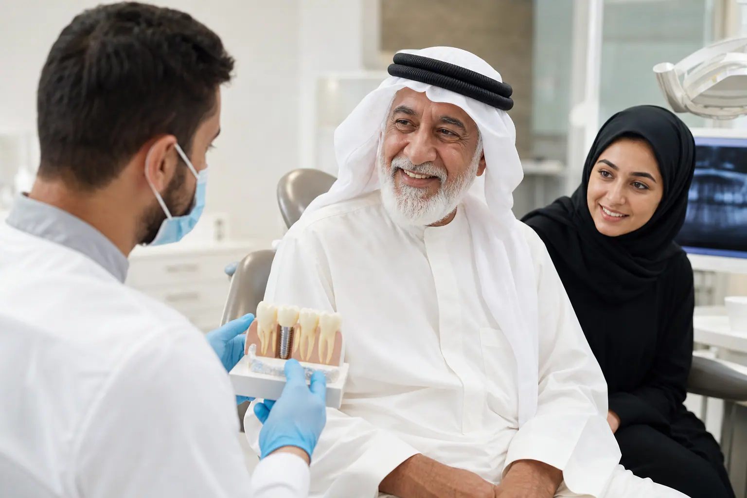 Dental implant consultation for the elderly - Emirati patient with a dentist at Al Ahli Al Shamkha Center