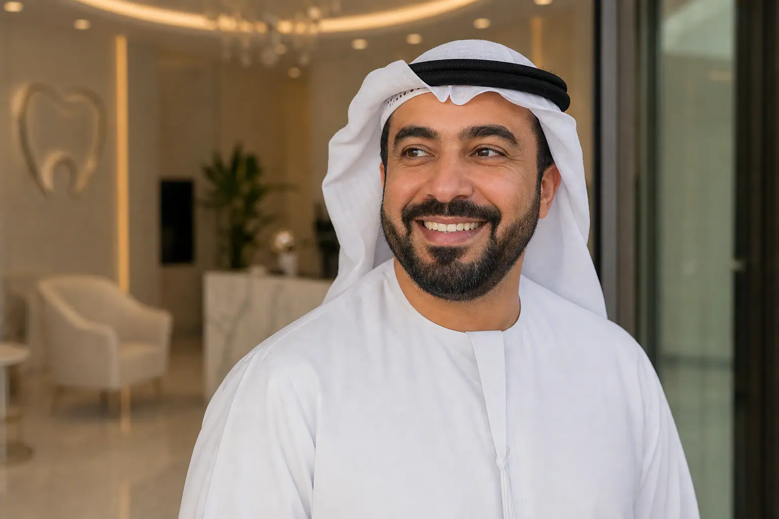 نتيجة زراعة سن واحد — مريض إماراتي سعيد بعد تعويض سن مفقود في الشامخة