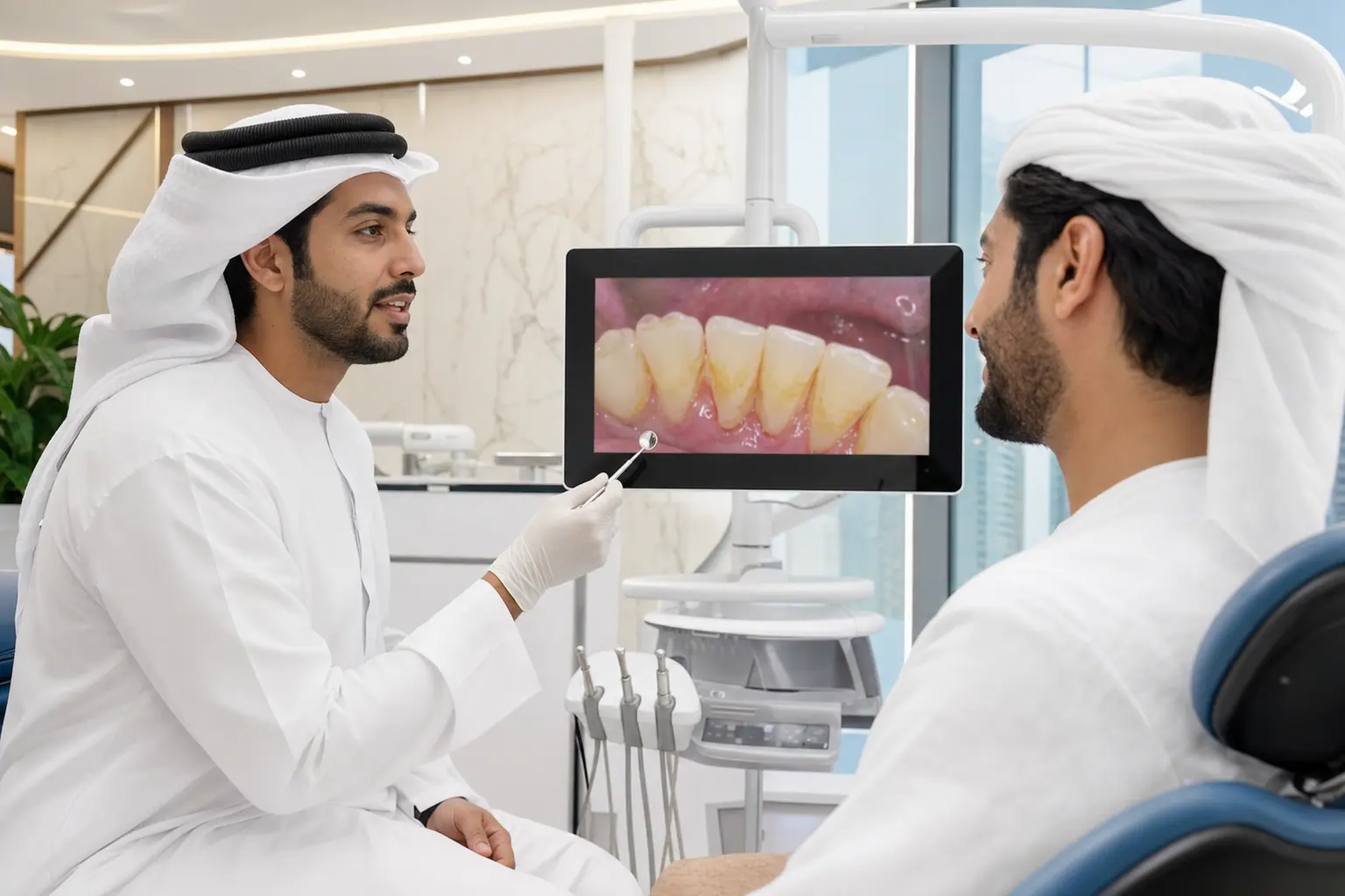 استشارة تبييض الأسنان — فحص اللون وصحة اللثة في عيادة أبوظبي