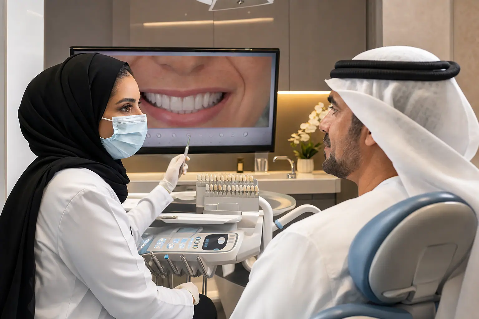 Smile Design — Dentist discusses veneer plan with patient in Abu Dhabi