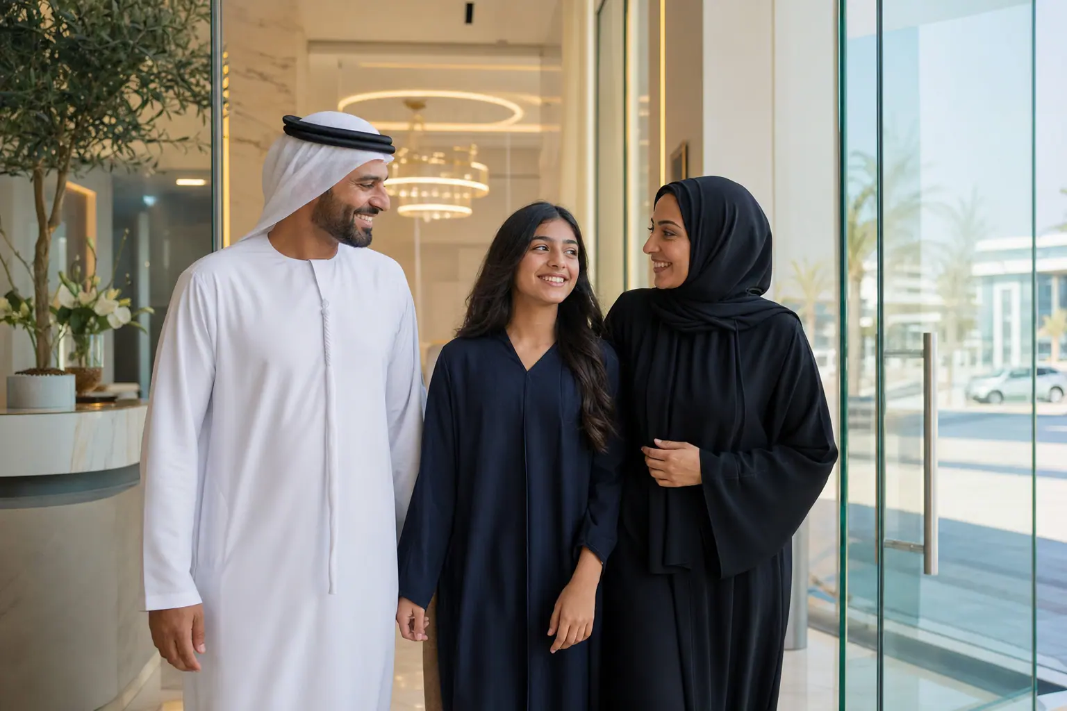 A happy Emirati family after a dental veneer consultation at Al Ahli Al Shamkha Center