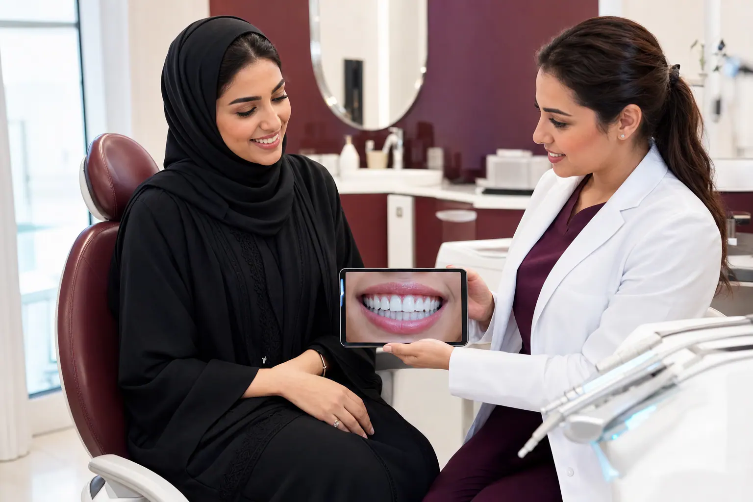Dental veneer consultation and a Hollywood smile - an Emirati patient at Al Ahli Al Shamika Center Clinic, Abu Dhabi