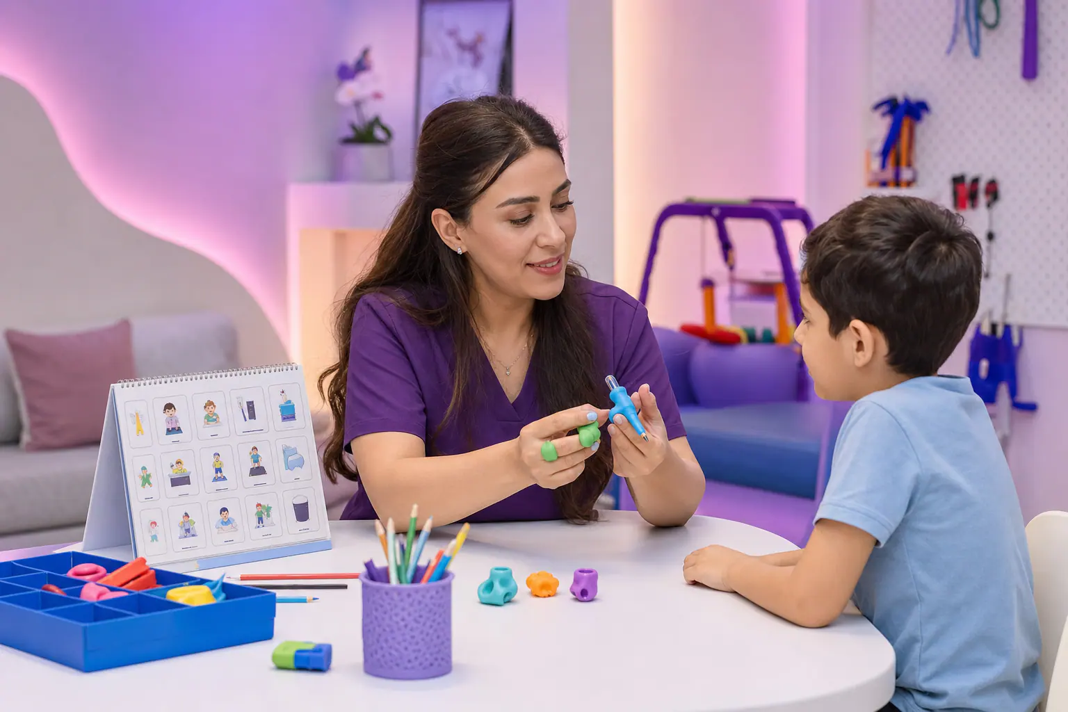Evaluation of Adaptive Devices and Solutions — An occupational therapist displays writing and routine aids at Al Ahli Al Shamkha Center