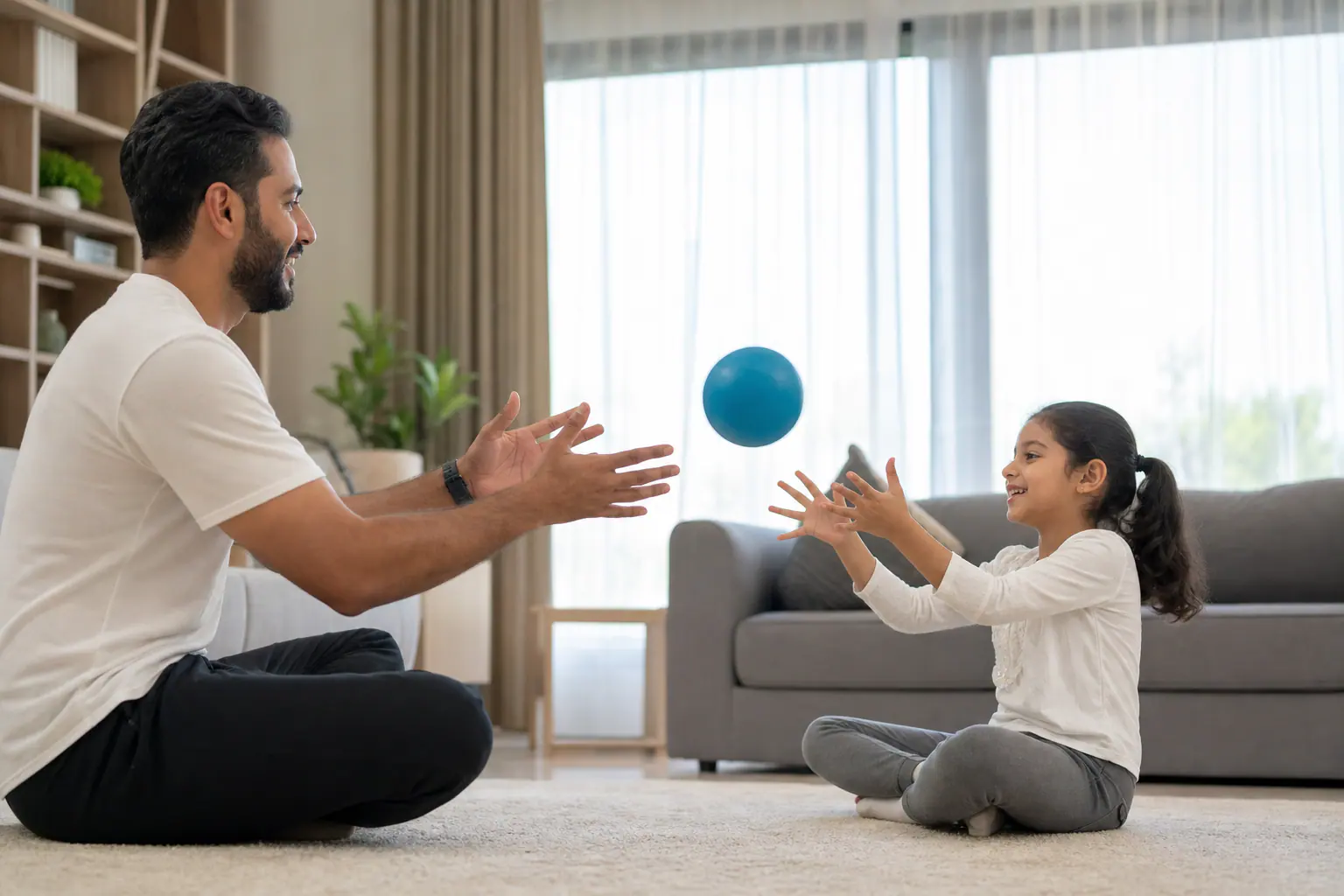Home Training — Father plays ball with his daughter to develop coordination