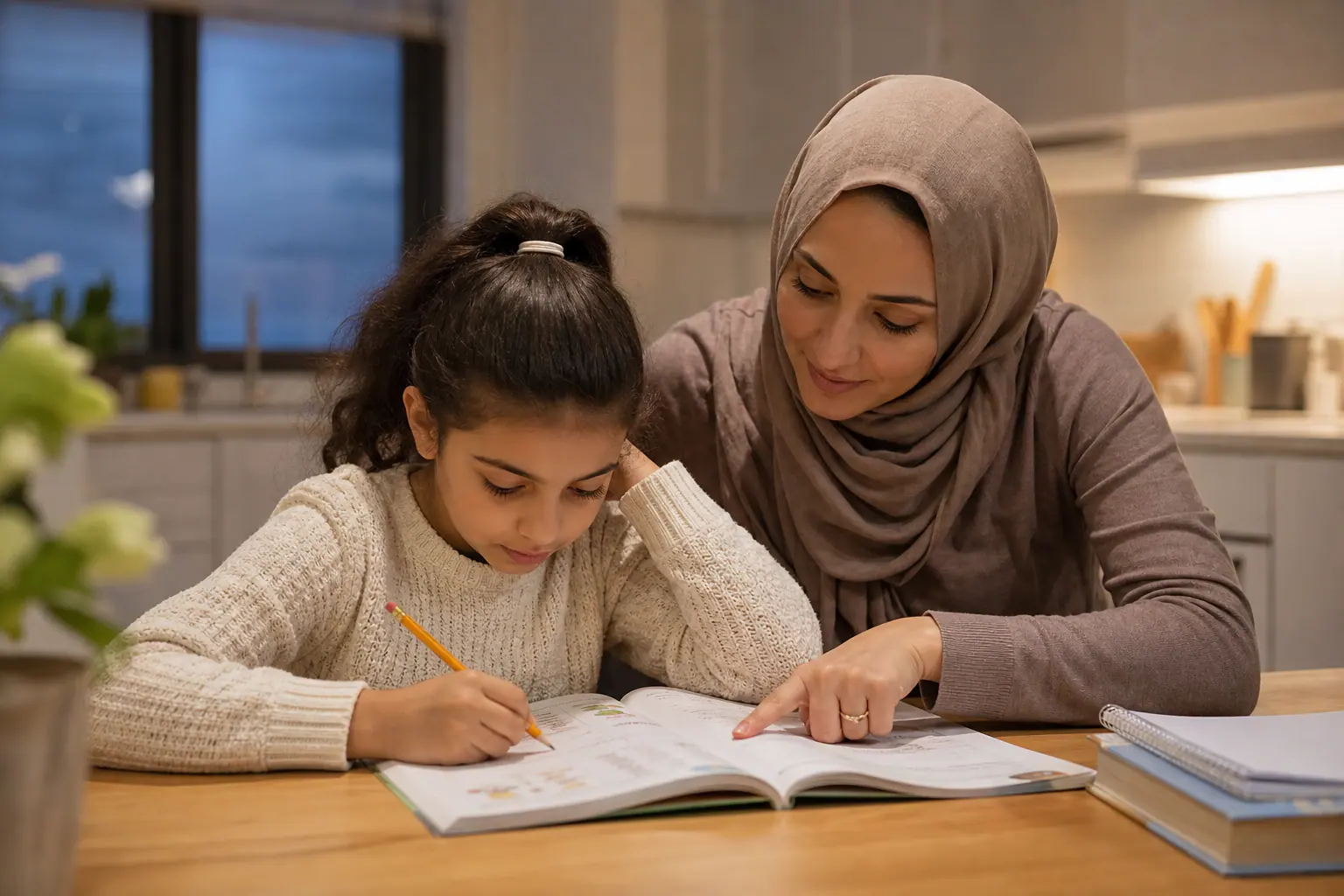 دعم الأهل — مساعدة هادئة في الواجبات المنزلية والقراءة