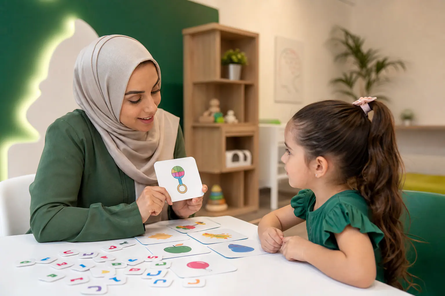تقييم الوعي الصوتي — بطاقات أصوات وحروف مع طفلة في جلسة التعلم