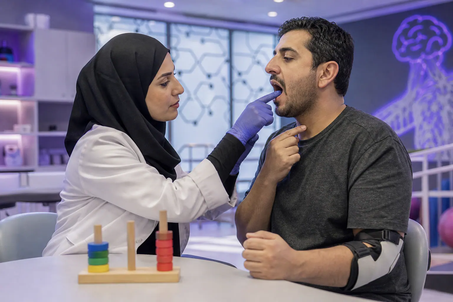 علاج المشاكل النطقية العصبية — جلسة تأهيل كلام بعد جلطة في مركز الأهلي الشامخة