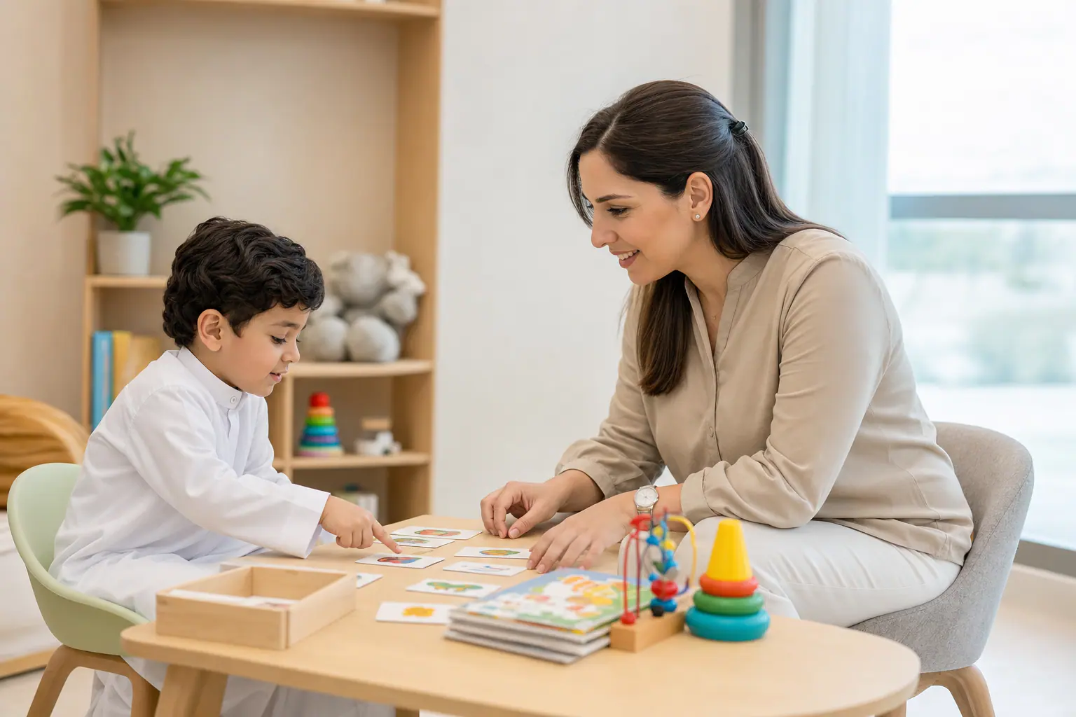 Speech and language assessment session for children - Speech specialist with a child at Al Ahli Al Shamkha Center, Abu Dhabi