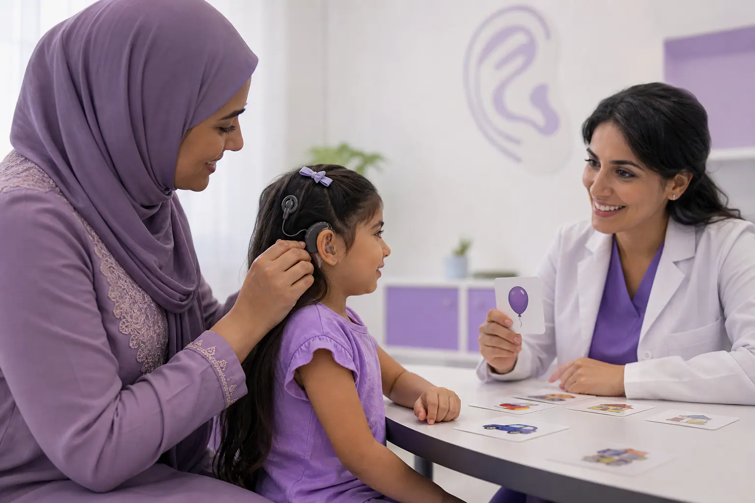 تأهيل بعد زراعة القوقعة — أم تساعد طفلها في ضبط المعالج أثناء جلسة الاستماع