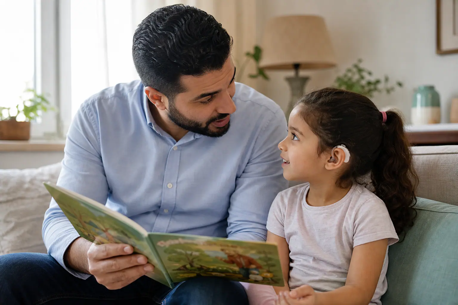 تدريب الأهل — قراءة قصة مصورة مع طفلة ترتدي سماعة طبية في المنزل